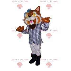 Puss in Boots mascot with a jacket with small blue checks