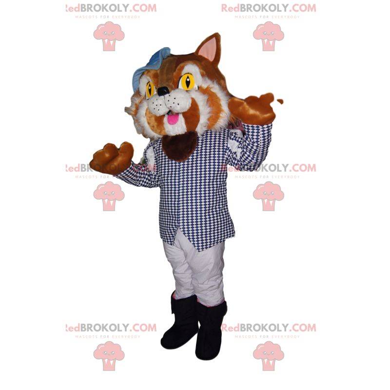 Mascote do Gato de Botas com uma jaqueta com quadradinhos azuis