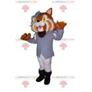 Puss in Boots mascot with a jacket with small blue checks