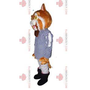 Puss in Boots Maskottchen mit einer Jacke mit kleinen blauen Karos
