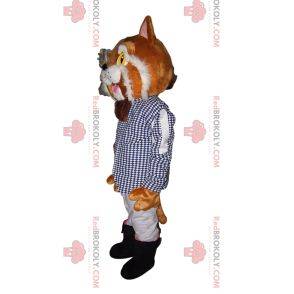 Puss in Boots Maskottchen mit einer Jacke mit kleinen blauen Karos