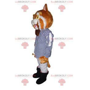 Puss in Boots Maskottchen mit einer Jacke mit kleinen blauen Karos