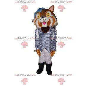 Puss in Boots mascot with a jacket with small blue checks