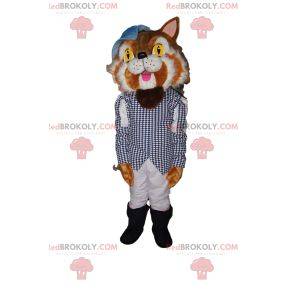 Puss in Boots Maskottchen mit einer Jacke mit kleinen blauen Karos