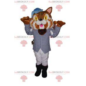 Puss in Boots mascot with a jacket with small blue checks