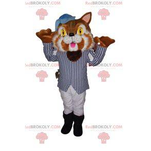 Puss in Boots Maskottchen mit einer Jacke mit kleinen blauen Karos