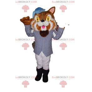 Puss in Boots Maskottchen mit einer Jacke mit kleinen blauen Karos