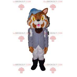 Puss in Boots Maskottchen mit einer Jacke mit kleinen blauen Karos