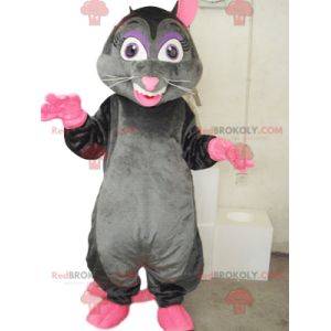 Mascota ratón gris y rosa muy alegre.