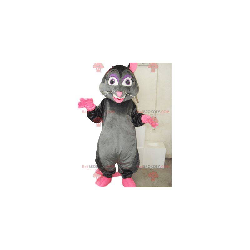 Very cheerful gray and pink mouse mascot.