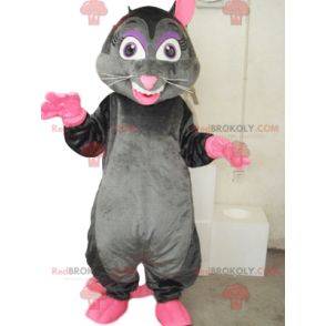 Muito alegre mascote de rato cinza e rosa.