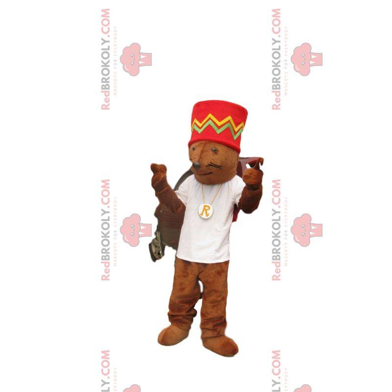 Brown mouse mascot with a red cap and a white jersey