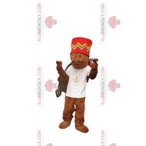 Brown mouse mascot with a red cap and a white jersey