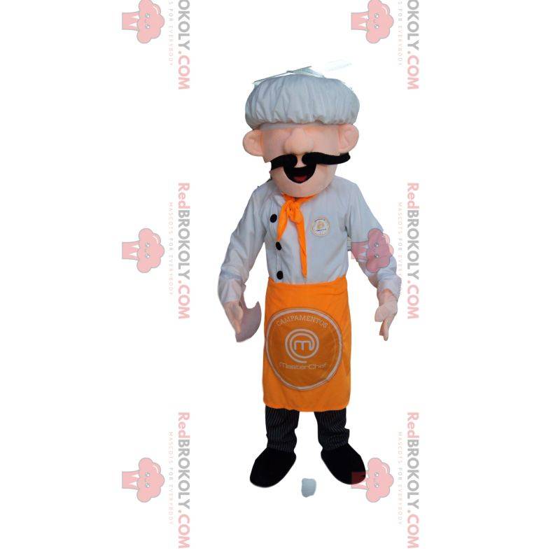 Chef mascot with a white hat and an orange apron.