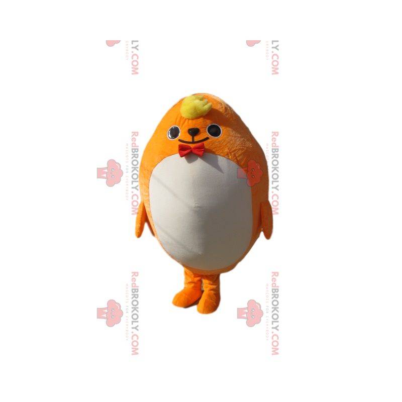 Plump yellow character mascot with a bow tie