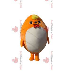 Plump yellow character mascot with a bow tie