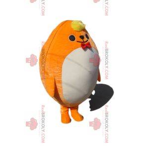 Pralles gelbes Charaktermaskottchen mit einer Fliege