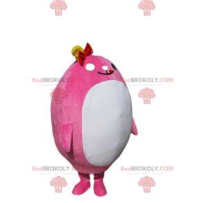 Plump pink character mascot with a red bow tie