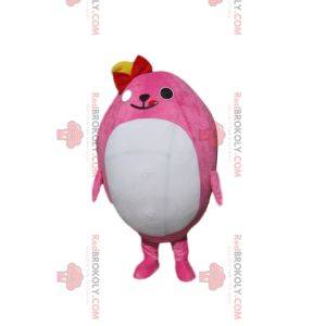 Plump pink character mascot with a red bow tie