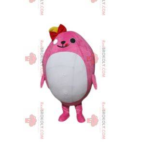 Plump pink character mascot with a red bow tie