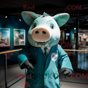 Teal Pig maskot kostume...