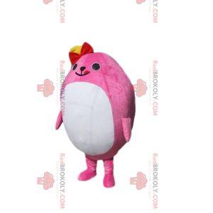 Plump pink character mascot with a red bow tie