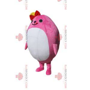 Plump pink character mascot with a red bow tie
