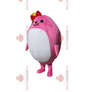 Mascote rechonchudo e rosa com gravata borboleta vermelha