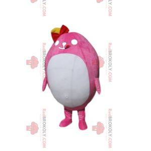 Plump pink character mascot with a red bow tie