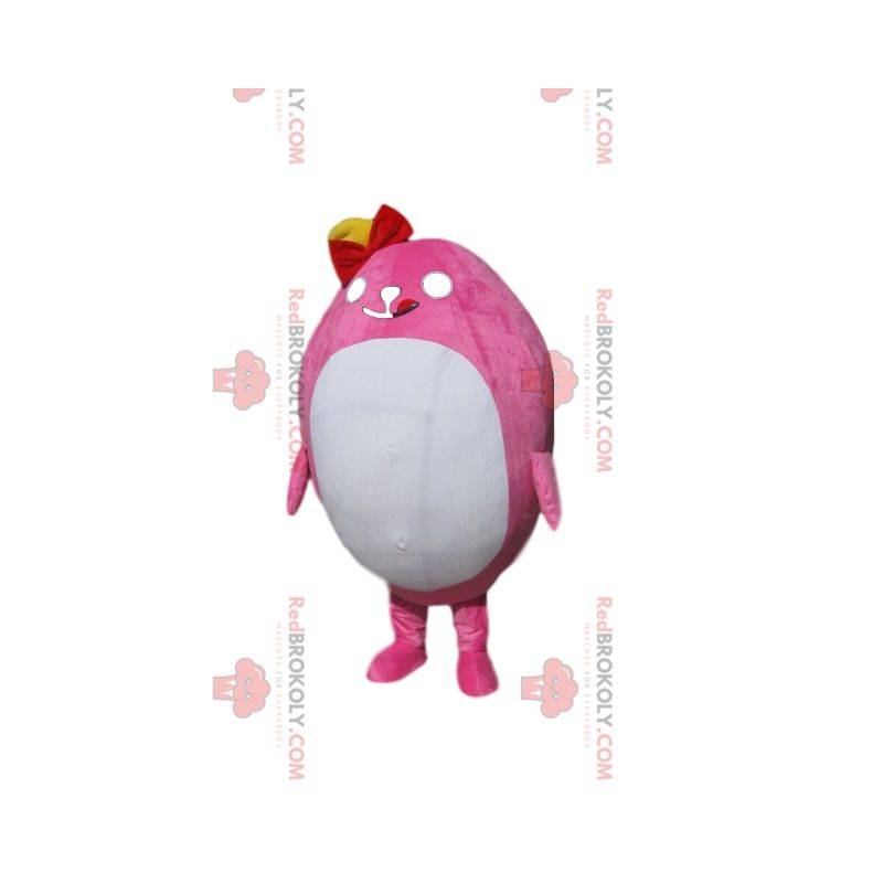 Plump pink character mascot with a red bow tie