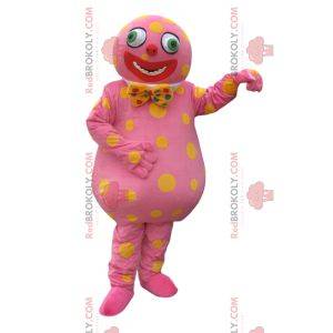 Mascota de personaje rosa con pajarita