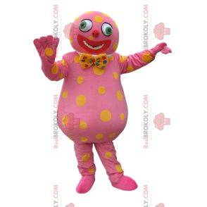 Mascota de personaje rosa con pajarita