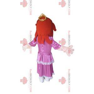 Maskot princezny s růžovými saténovými šaty.