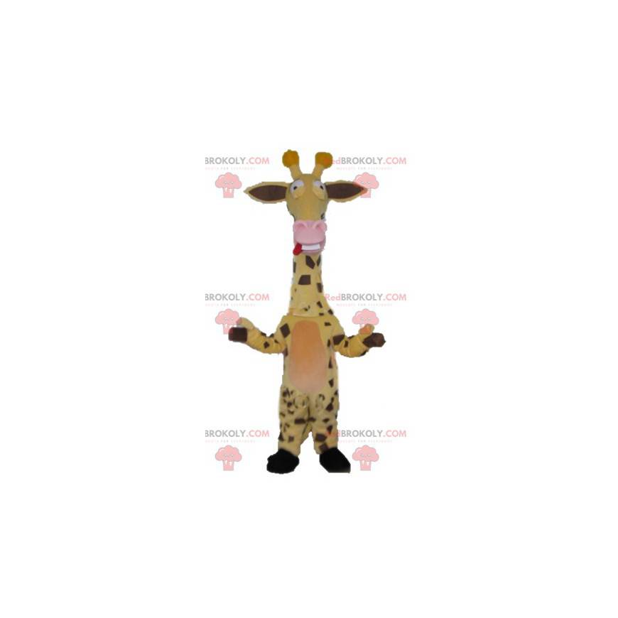 Mascotte de girafe jaune marron et rose très rigolote -