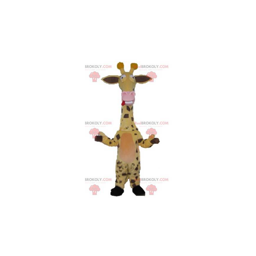 Mascotte giraffa giallo marrone e rosa molto divertente -