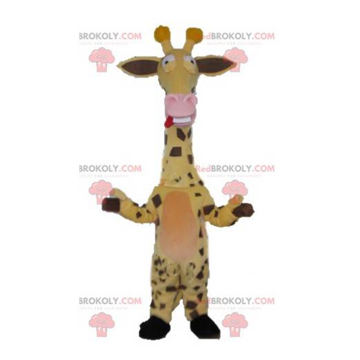Mascotte giraffa giallo marrone e rosa molto divertente -