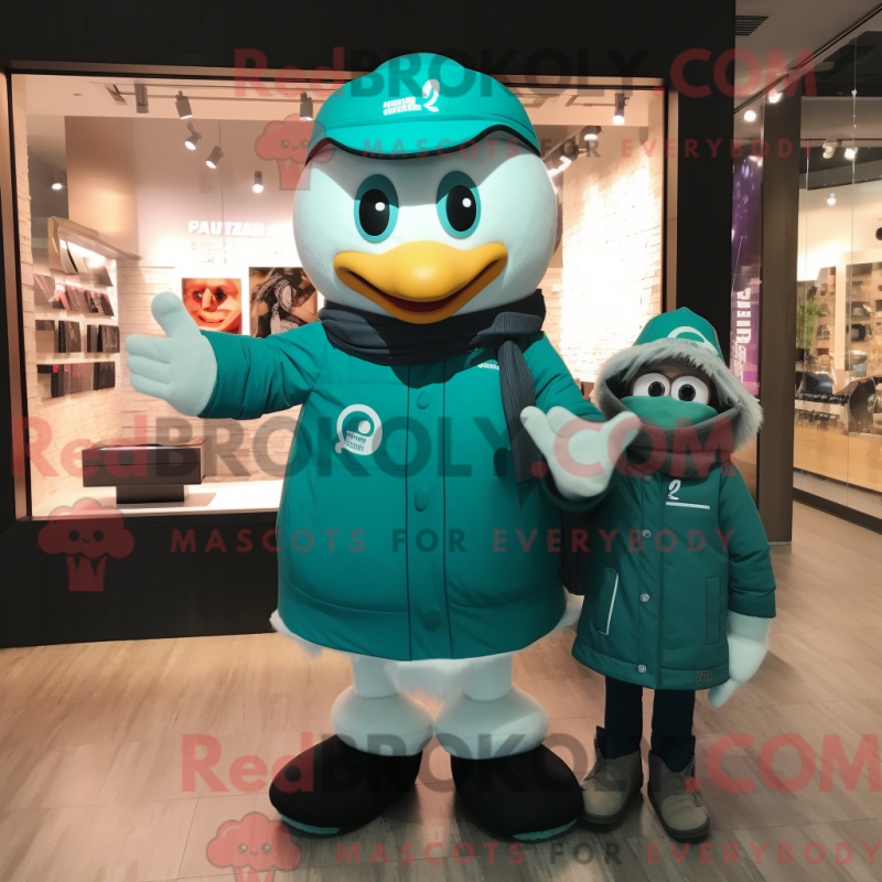Teal phomaskotdräkt iklädd parka och smartklockor - Pho Mascots - REBROKO_307815 - RedBrokoly.com