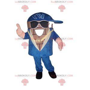 Snowman mascot with a blue suit and sunglasses