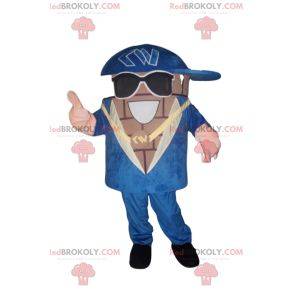 Snowman mascot with a blue suit and sunglasses