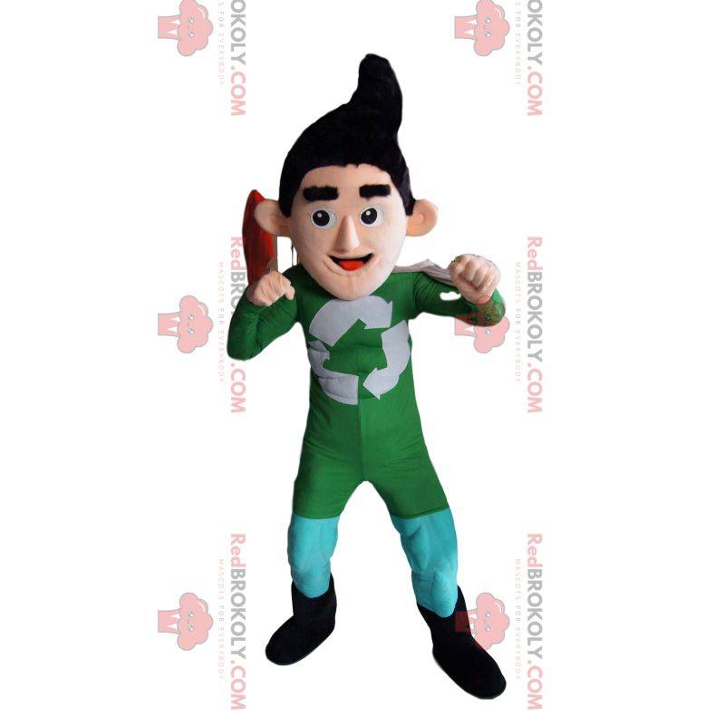 Riciclaggio mascotte del supereroe in abito verde