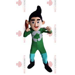Reciclagem de mascote de super-herói em roupa verde