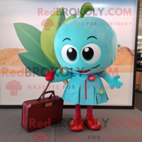 Fantasia de mascote de cereja turquesa com saia e pastas executivas - Mascotes cereja - REBROKO_308060 - RedBrokoly.com