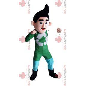 Reciclagem de mascote de super-herói em roupa verde