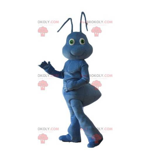 Bardzo urocza i uśmiechnięta niebieska maskotka mrówka -