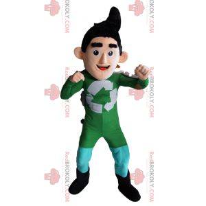 Reciclagem de mascote de super-herói em roupa verde