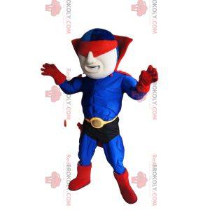 Mascota de superhéroe enmascarado en azul y rojo