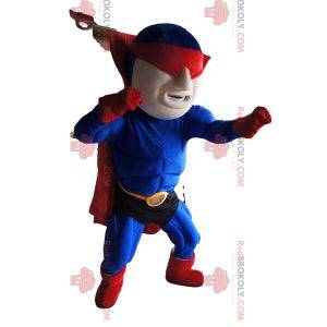 Gemaskerde superheldmascotte in blauw en rood