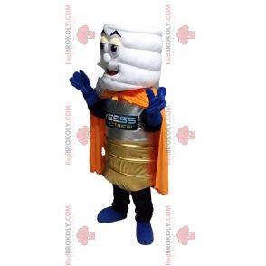 White stack mascot with a golden costume and an orange cape