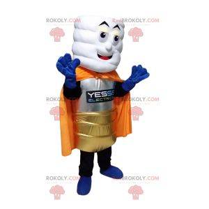 White stack mascot with a golden costume and an orange cape