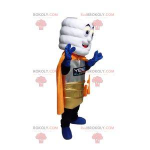 White stack mascot with a golden costume and an orange cape
